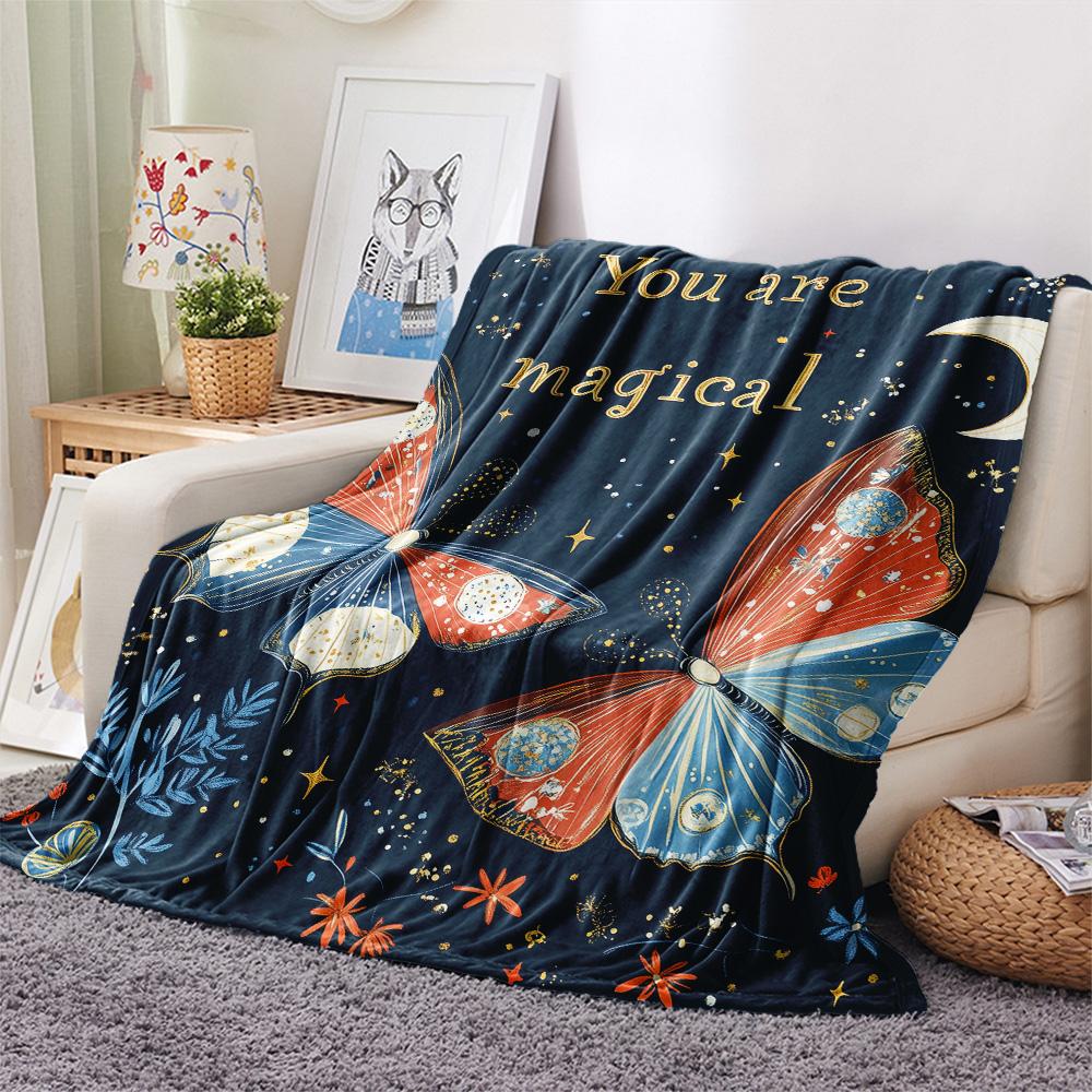 Blue and White Butterflies Print Flannel Blanket, High quality Comfortable for All Seasons, Home Decor, Warmth and Comfort
