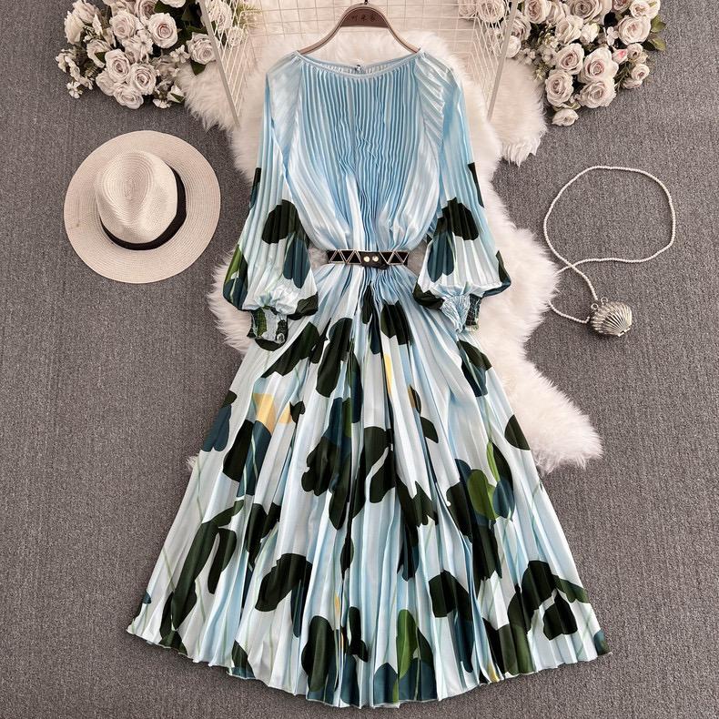 

Плиссированное О-образное воротничковое длинное платье для женщин, осеннее праздничное длинное платье с рукавами-фонариками, свободное платье с принтом, свободные платья One Size