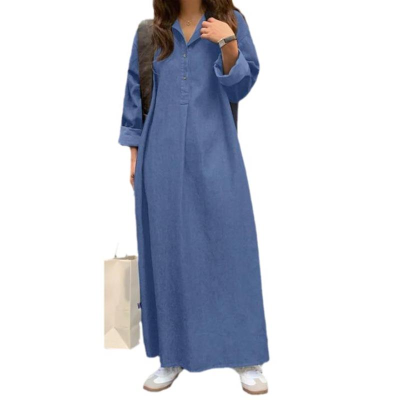 2026 New Solid Color Boho Denim Maxi Dress: Plus Size Oversized Lapel Collar Button Front Long Dress with Side Slit, Perfect for Casual or Office Wear