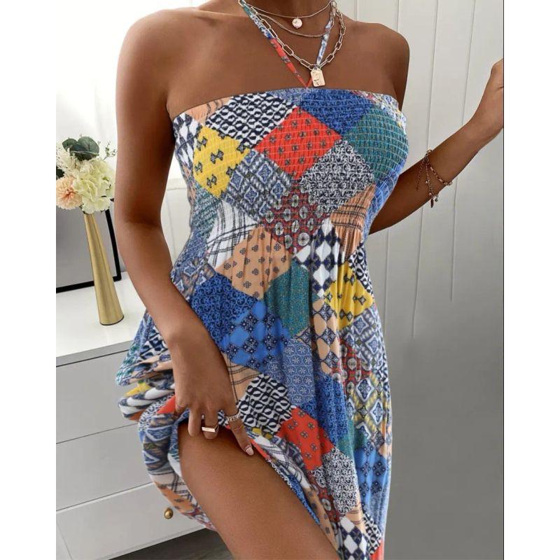 

European and American Sexy Holiday Style Little Short Dress Summer Sleeve Hanging Neck Dress Women Short Skirt in Summer Color Gingham M