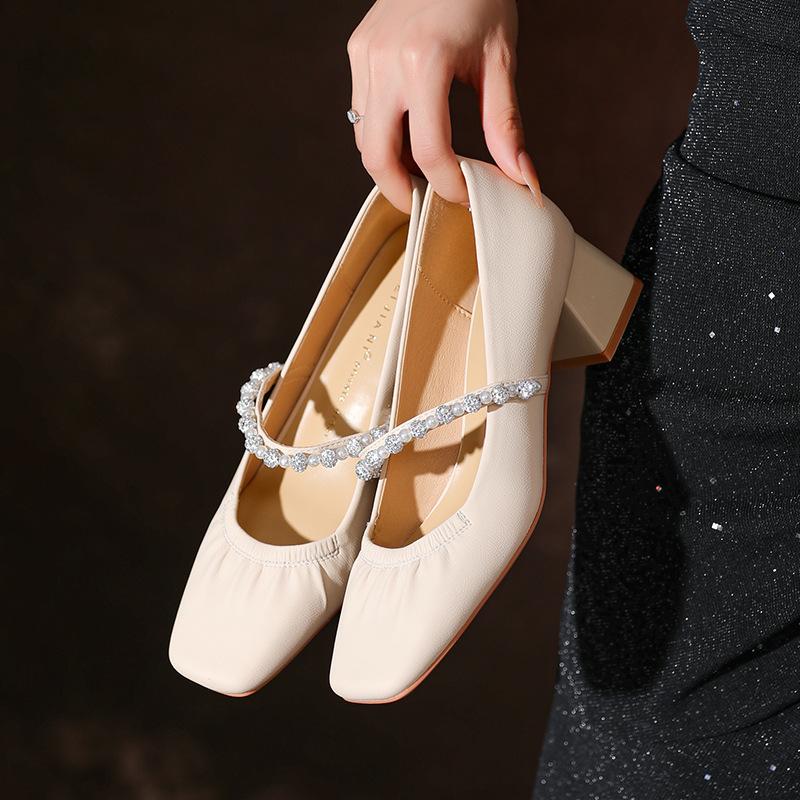 

Версия из овчины туфель Мэри Джейн из мягкой кожи с плиссировкой и квадратным носком, женские туфли на толстом каблуке, одинарные туфли, с жемчужной цепочкой, с надписью, осенние 39