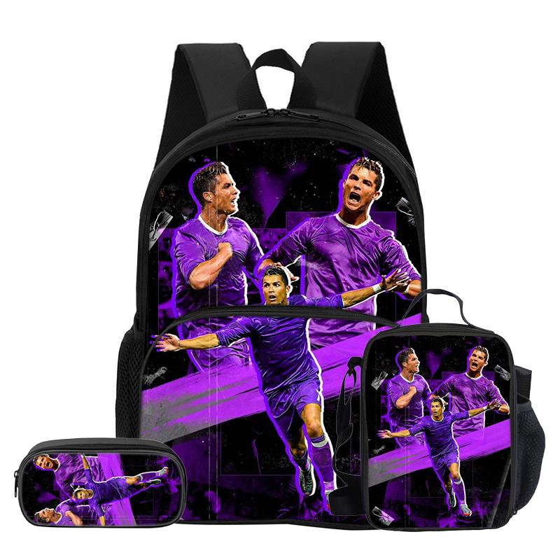 3 Pcs Set with Front Pocket Backpack Ronaldo with Thermal Insulated Lunch Tote Purse CR Pencil Case Football Star Rucksack