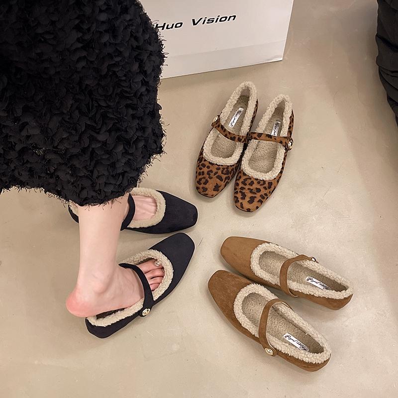 Aphixta Leopard Loafers Square Heels Shoes Furry Warm Women Square Toe Casual Woman Shoes Classic Autumn Winter Marry Janes