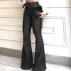 Women Jeans High Stretch Wide-Leg Pants Lace-up Button Zipper Fly