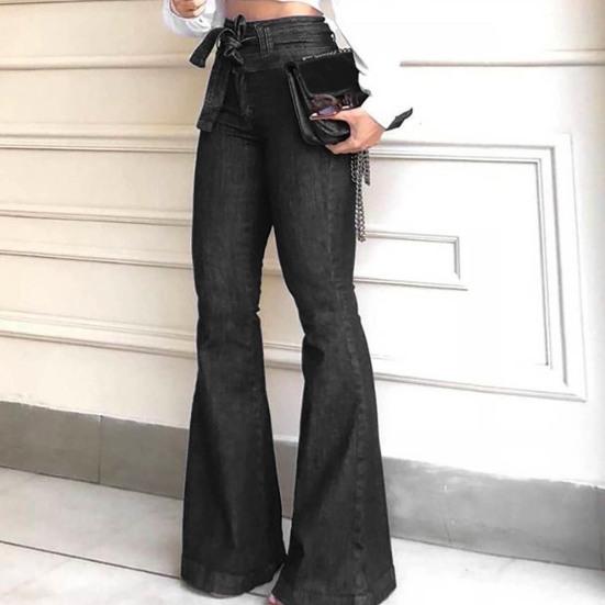 Women Jeans High Stretch Wide-Leg Pants Lace-up Button Zipper Fly