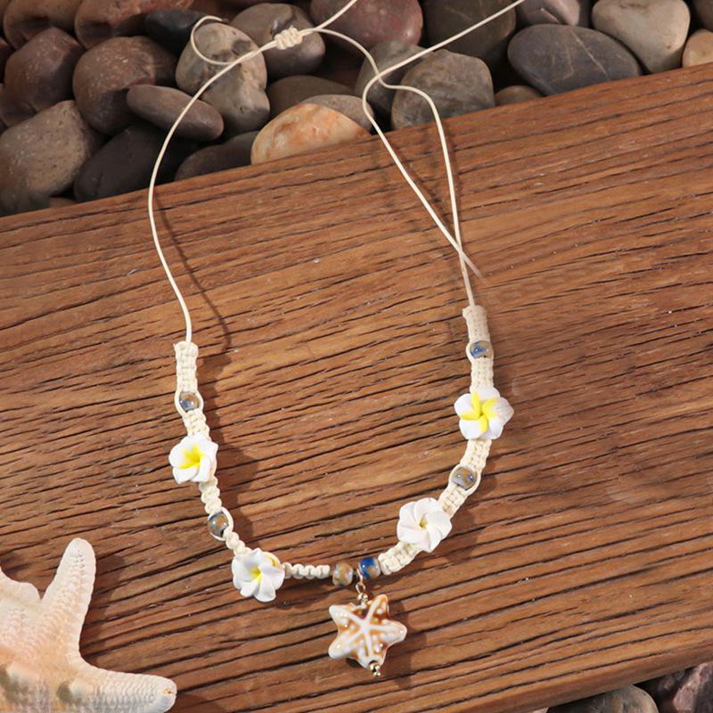 Ocean Elements Ceramic Starfish Turtle Necklace Bracelet Set, Three-dimensional Soft Pottery Flower Adjustable Weaving Jewelry