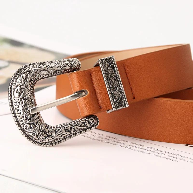Retro Carve PU Pin Buckle Belt Women Fashion Black Silver Buckle Thin Belts Female Jeans Dress Waistband Brand Design 2025
