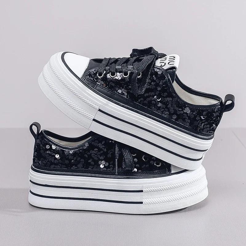 Women Canvas Vulcanized Shoes 2024 New Student Sequins With Thick Bottom Flats Running Shoes Sequin Female Casual Sneakers