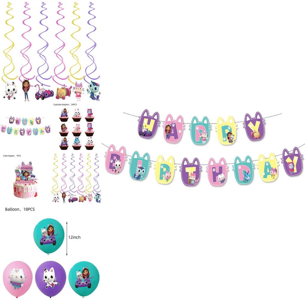 Gabbys Dollhouse Kids Birthday Party Supplies Decor Set With Durable Balloons And Colorful Flags