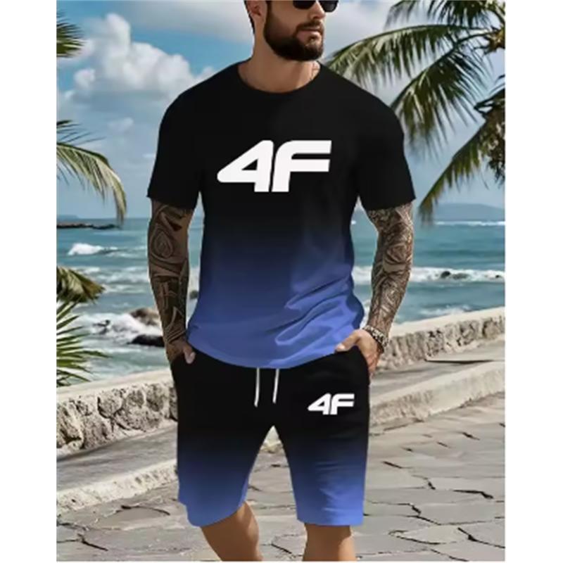 

2025 Летний повседневный мужской комплект из двух предметов: футболка + шорты, удобный и дышащий мужской комплект из футболки с принтом 5XL