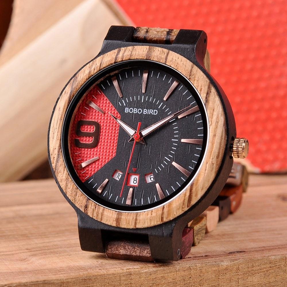 BOBO BIRD Men's Colorful Wooden Watch Analog Quartz Date Display Handmade Luxury Casual Watch Gift Box