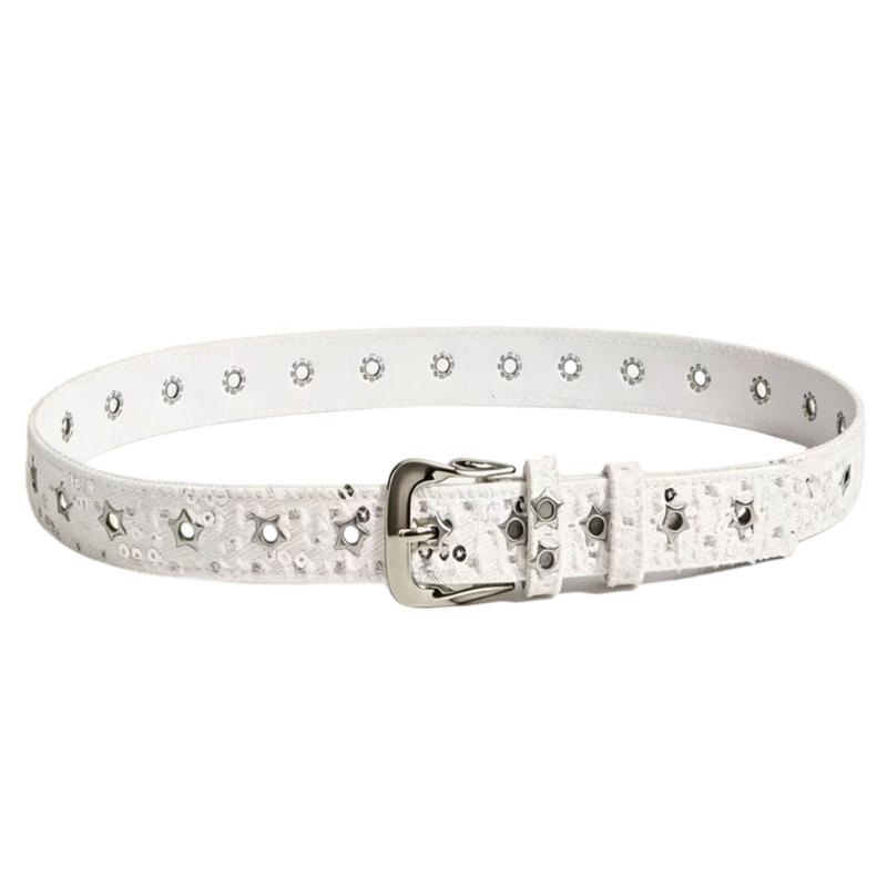 Distressed Street-Style Waist Belt with Star-Shaped Metal Grommets and Pin Closure for Cargo Pants, Jeans, and Skirts