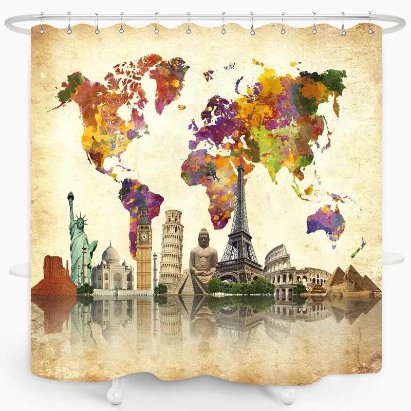 Vintage World Map Shower Curtain Famous Culture Landmark Statue of Liberty Eiffel Tower Big Ben Waterproof Bathroom Decor SXT6
