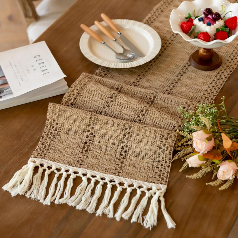 American Style Cotton and Linen Table Runner Rustic Solid Color Boho Table Runner Rectangular with Tassel