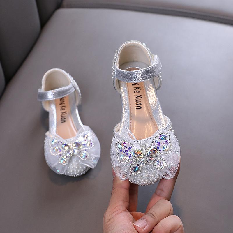 New Luxury Girl Shoes Elegant Pearl Butterfly Children's Sandals Fashion Versatile Wedding Party Flat Kids Casual Shoes Non-slip