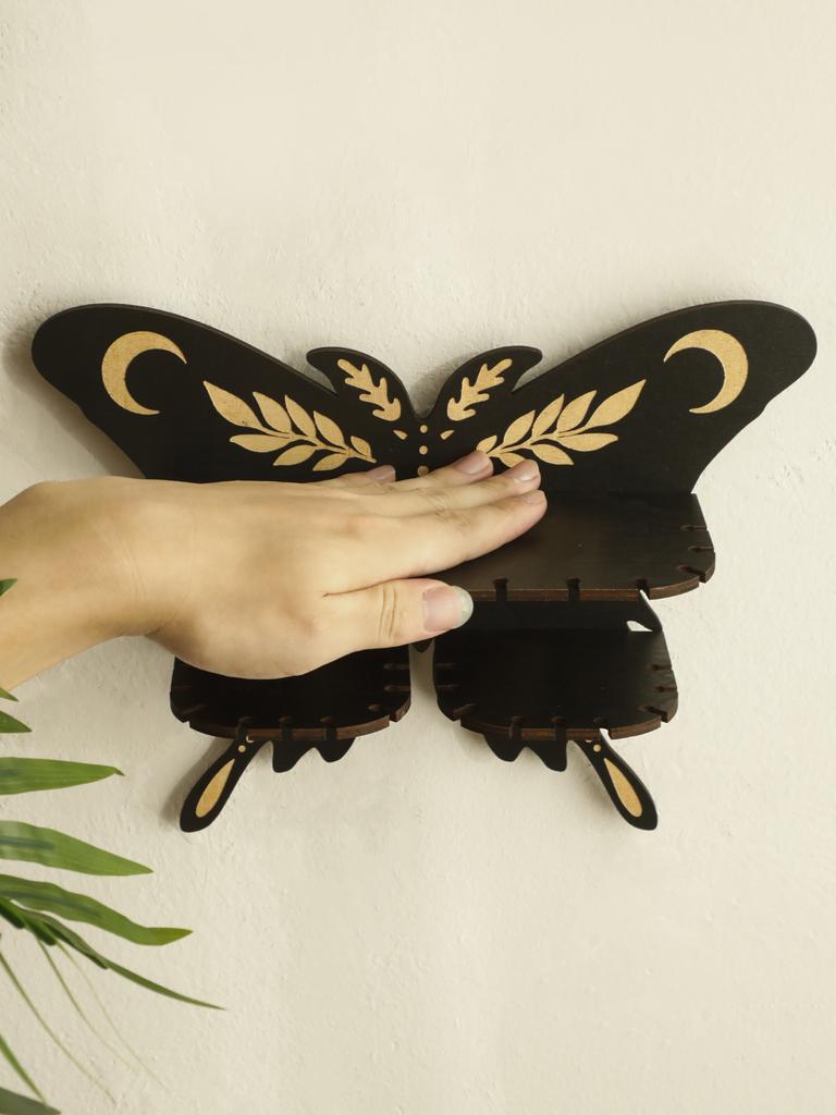 Black Butterfly Display Shelf Star&Moon Wood Floating Wall Shelves for Crystal Stone and Essential Oil Rack Witch Home Decor