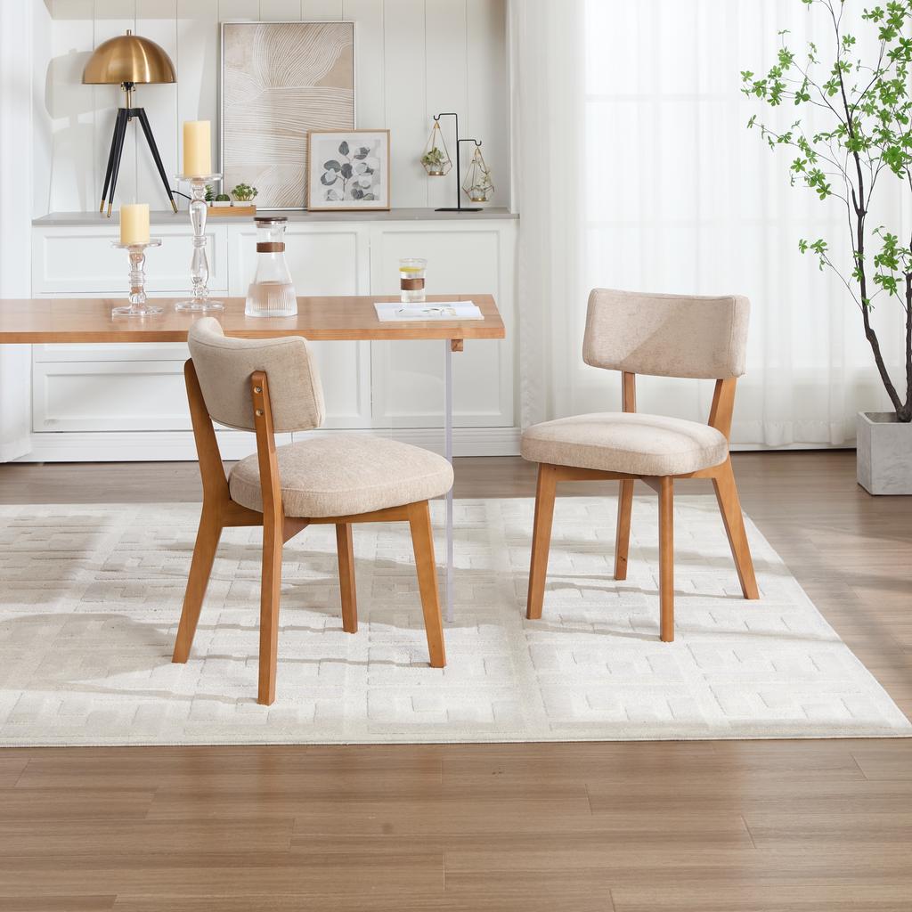 Modern Mid-Century Style Dining Chair Set of 2, Solid Wood Legs Fabric Padded Seat for Kitchen, Dining Room or Office (Khaki-colored Linen Fabric)