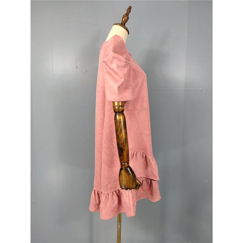 Export Single 2025 Fall and Winter New Arrival Suede Fabric Puff Short Sleeve Loose Plaid Dress Asymmetric Skirt