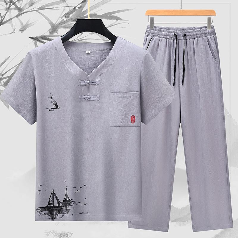 

Большой размер Мужской летний костюм в стиле Тан для мужчин среднего и пожилого возраста Мужской костюм Ханфу в китайском стиле Летний мужской комплект из чистого хлопка Комплект из двух предметов L светло-серый