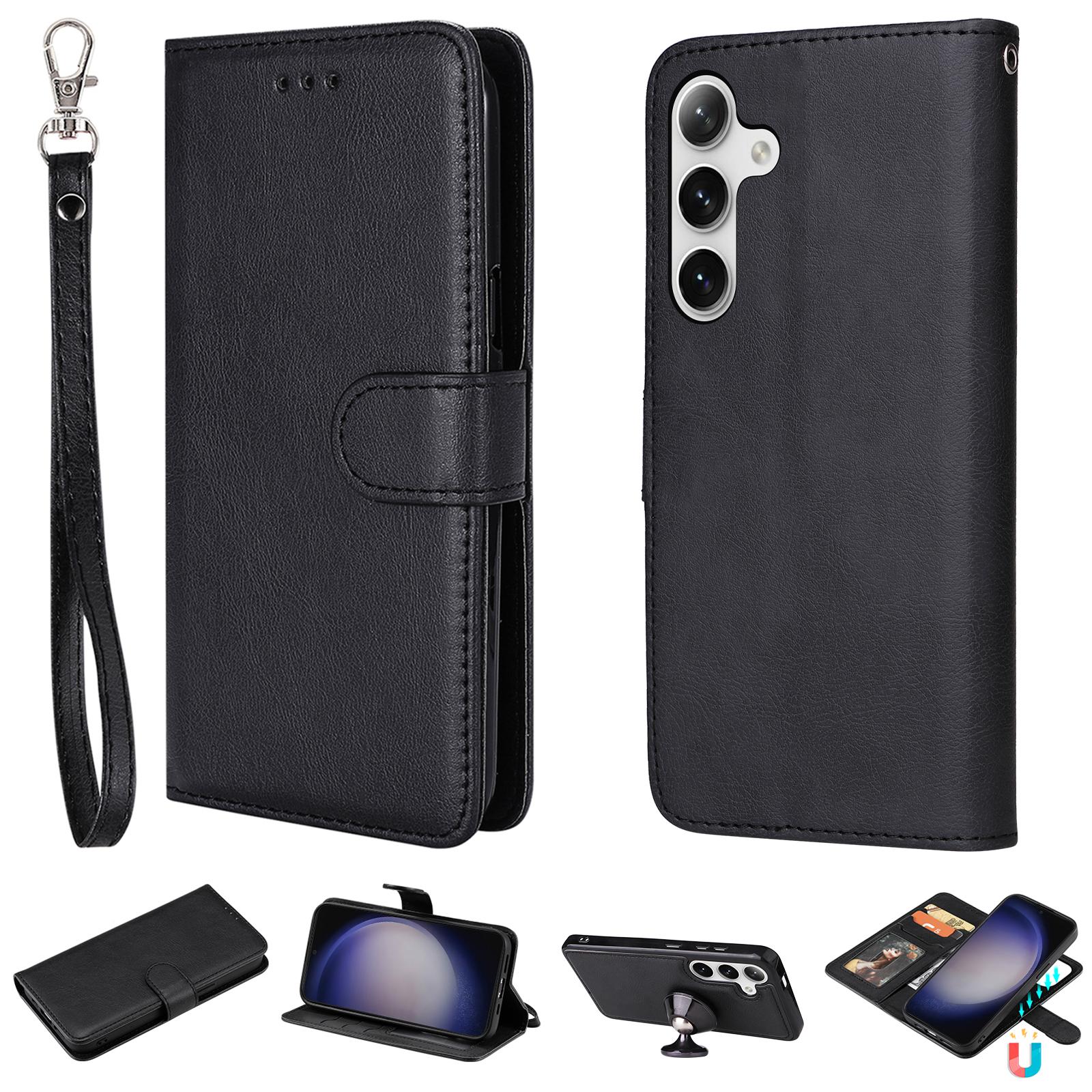 

For Samsung Galaxy S25+/S24+ Case 2 in 1 Detachable Magnetic Leather Wallet Mobile Cover with Strap Black