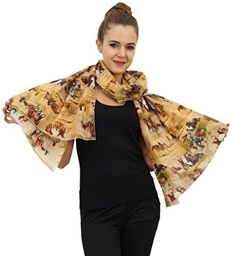 Phagun Women Brown Cotton Voile Horse Print Long Neck Wrap Scarf Stole