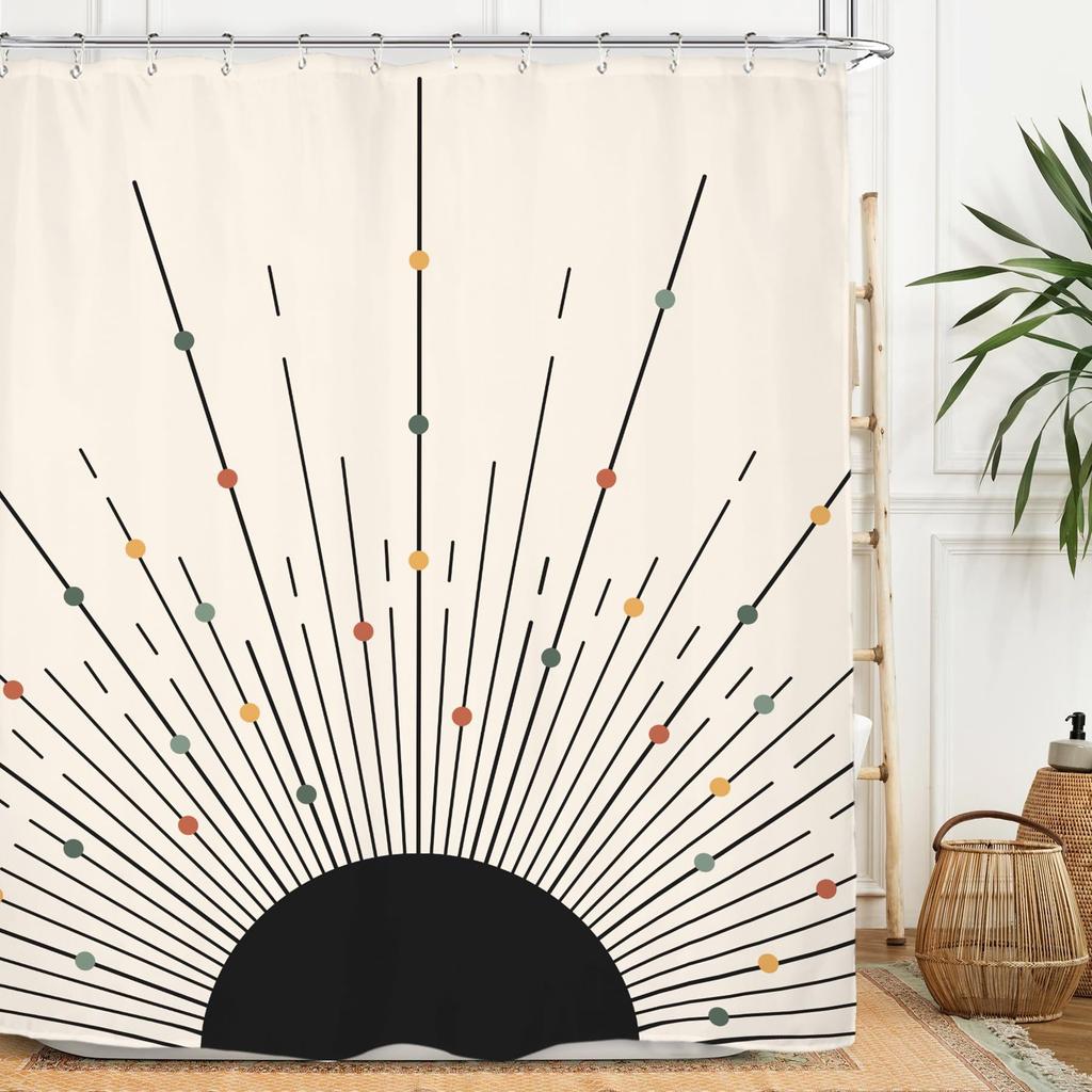 Rust Sun Abstract Shower Curtain Set Simple Medieval Vintage Sunrise Polyester Waterproof Bathroom Curtain With Hook