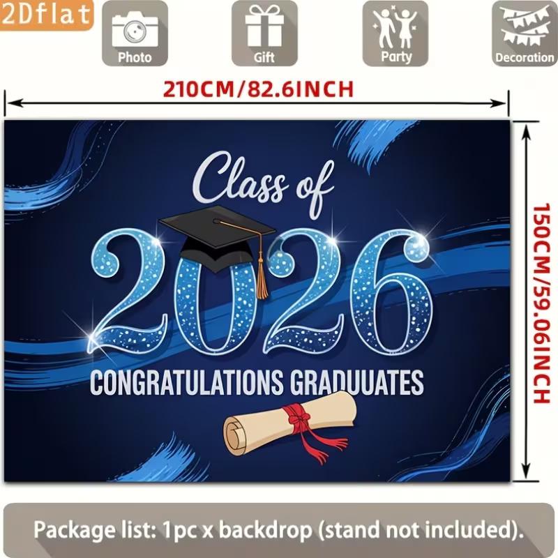 Blue Class of 2026 Graduation Backdrop, "Congratulations Graduates" with Cap and Diploma for Celebration