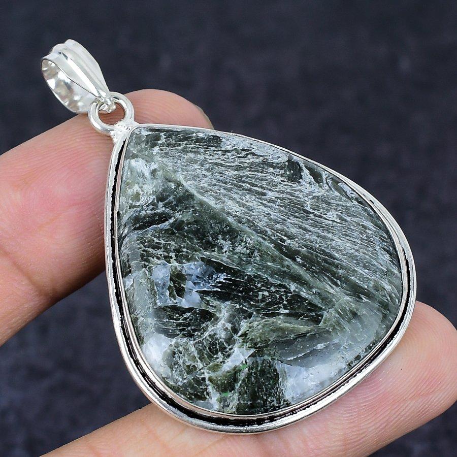 Seraphinite Gemstone Handmade 925 Sterling Silver Jewelry Pendant 2.17" h8m36