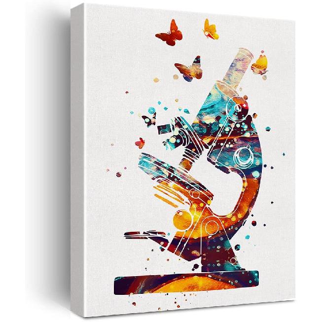 Microscope Art Watercolor Poster Canvas Wall Art for Home/Office/Lab Decor - Science Canvas Print Wall Art Painting Ready to Hang Microbiologist