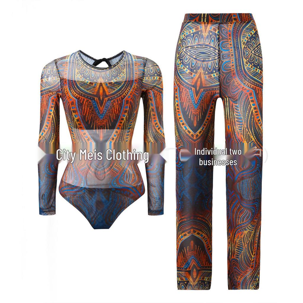 Costume da bagno intero da donna a maniche lunghe in rete con protezione solare e pantaloni