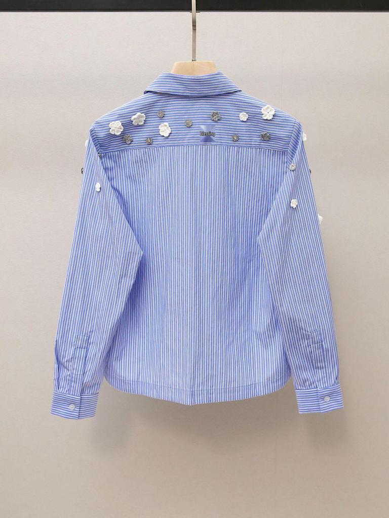 High-End Damen Französisches Herbst Häkel Perlen Gestreiftes Hemd