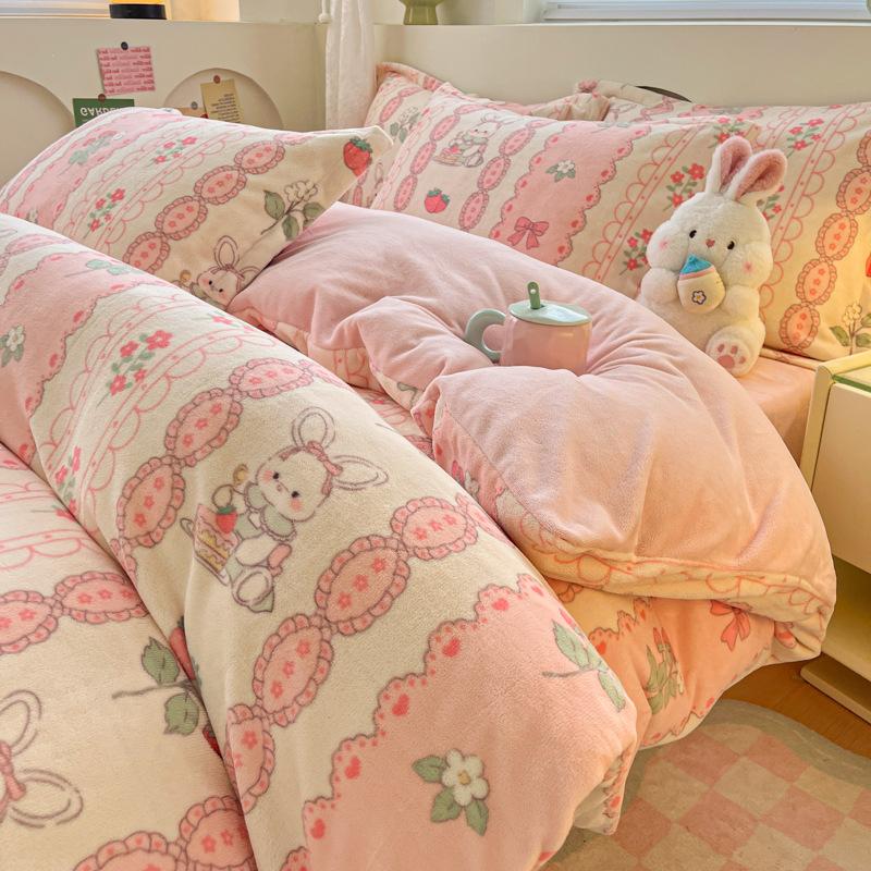 Thickened Milk Fleece Four-Piece Set Cartoon Coral Fleece Quilt Cover Fleece Bedding Flannel Sheets