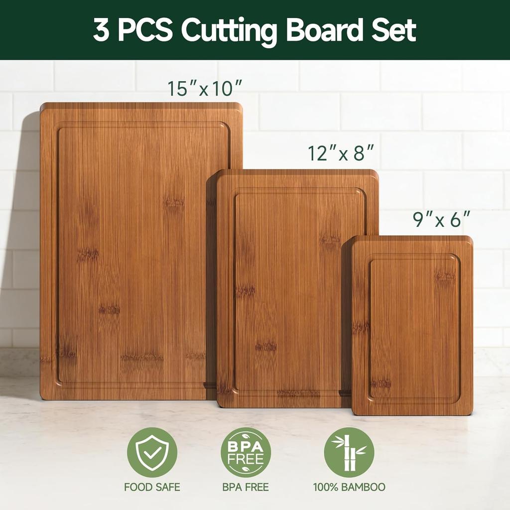 3-Piece Set Bamboo Cutting Board for Kitchen - Crack-Resistant Wood Chopping Boards with Deep Juice Grooves, Pre-Oiled Butcher Block for Meat,