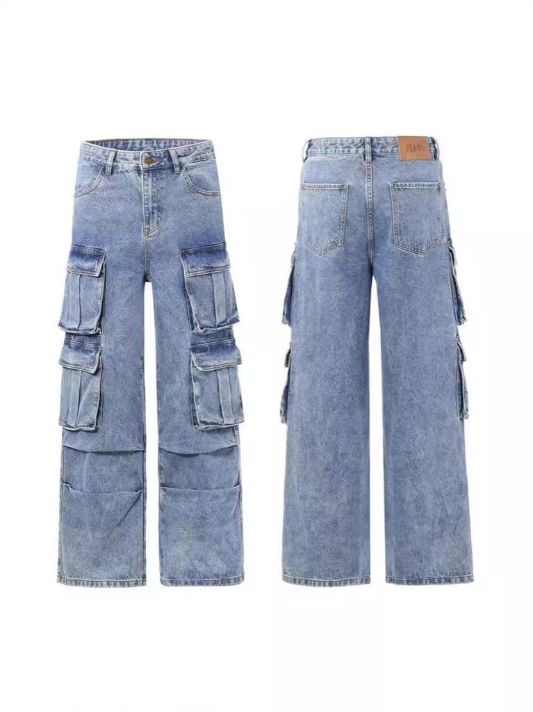 Menswear Unisex Retro Wide-Leg Multi-Pocket Denim Jeans