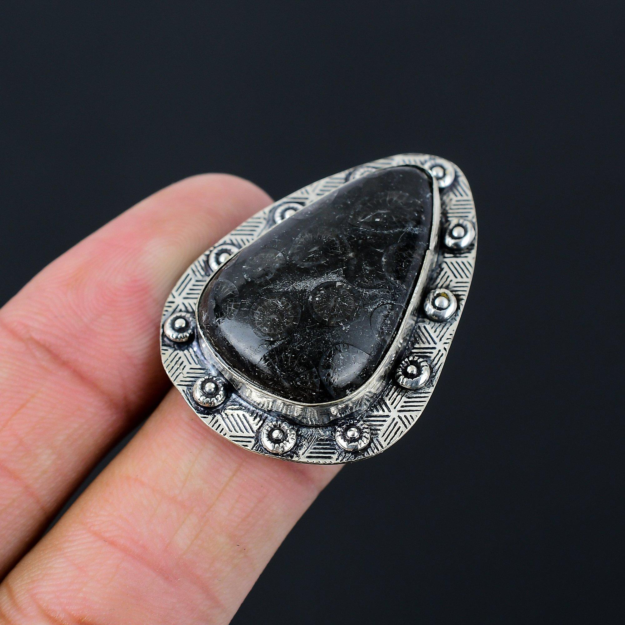 

925 Silver Natural Black Fossil Coral Promise Statement Ring Jewelry Size 8.5 8.5