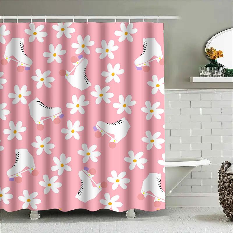 Whimsical Floral Roller Skates Shower Curtain Pink 3D Waterproof Fabric Decorative Bathroom Shower Curtains For Girls Kids