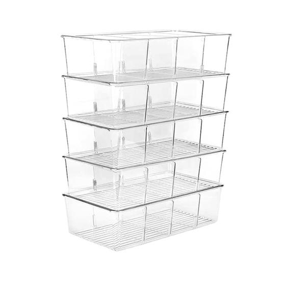 Clear Storage Box Stackable Large Capacity 4 Compartments Countertop Food Snack Seasoning Divider Refrigerator Organizer Kitchen Supplies