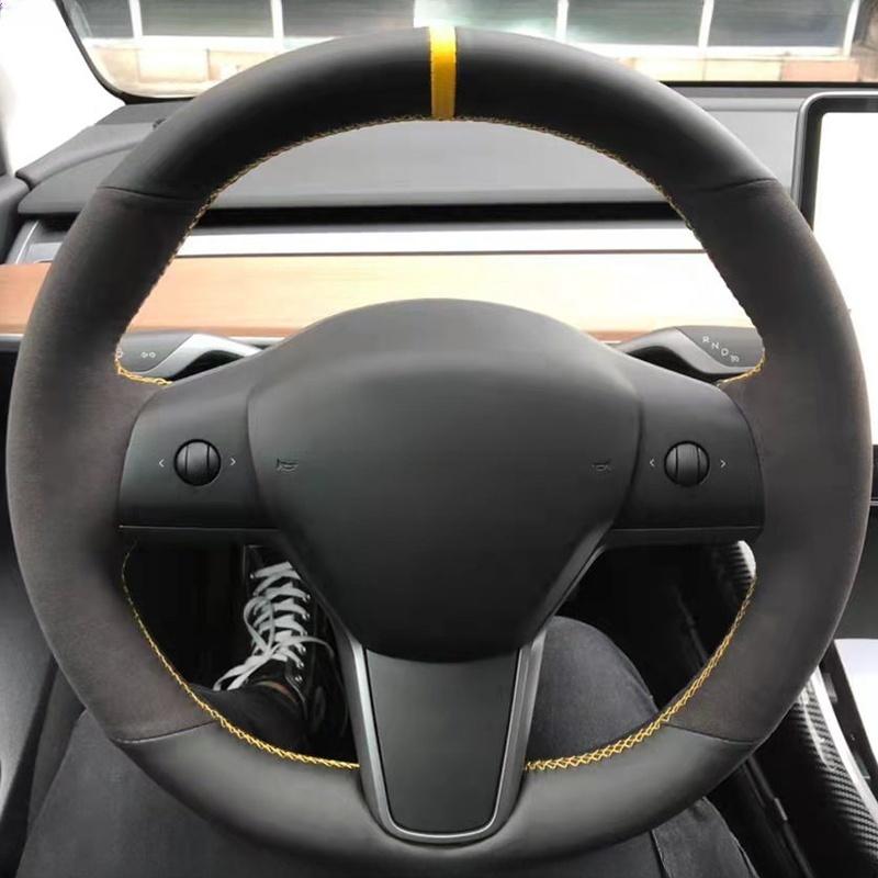 Car Steering Wheel Cover  Leather Suede For Tesla Model3 2017- Steering Wheel Braid Car Accessory Red Thread
