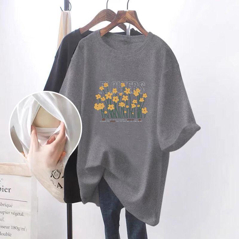 Short-Sleeve Nursing Tops: Loose, Mid-length T-shirts Ideal for Summer Breastfeeding, Providing Fashionable Hip and Belly Coverage.