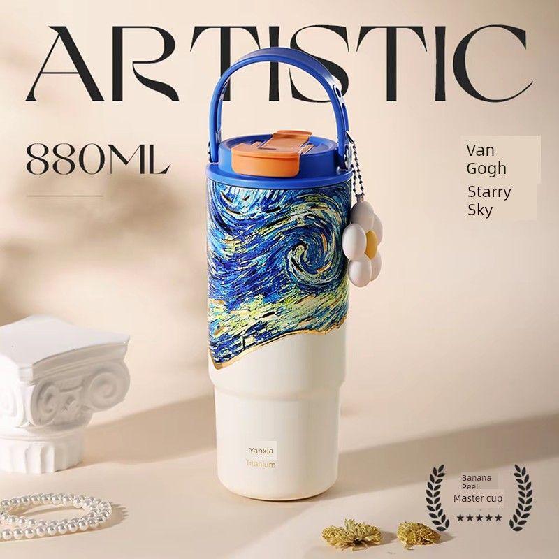 

Jiaoxia Oil Painting Series Large Capacity Insulated Cup Cute Healing Fruit Tea Cup Ice Cup Simple Portable Unisex Car Cup Dark Blue