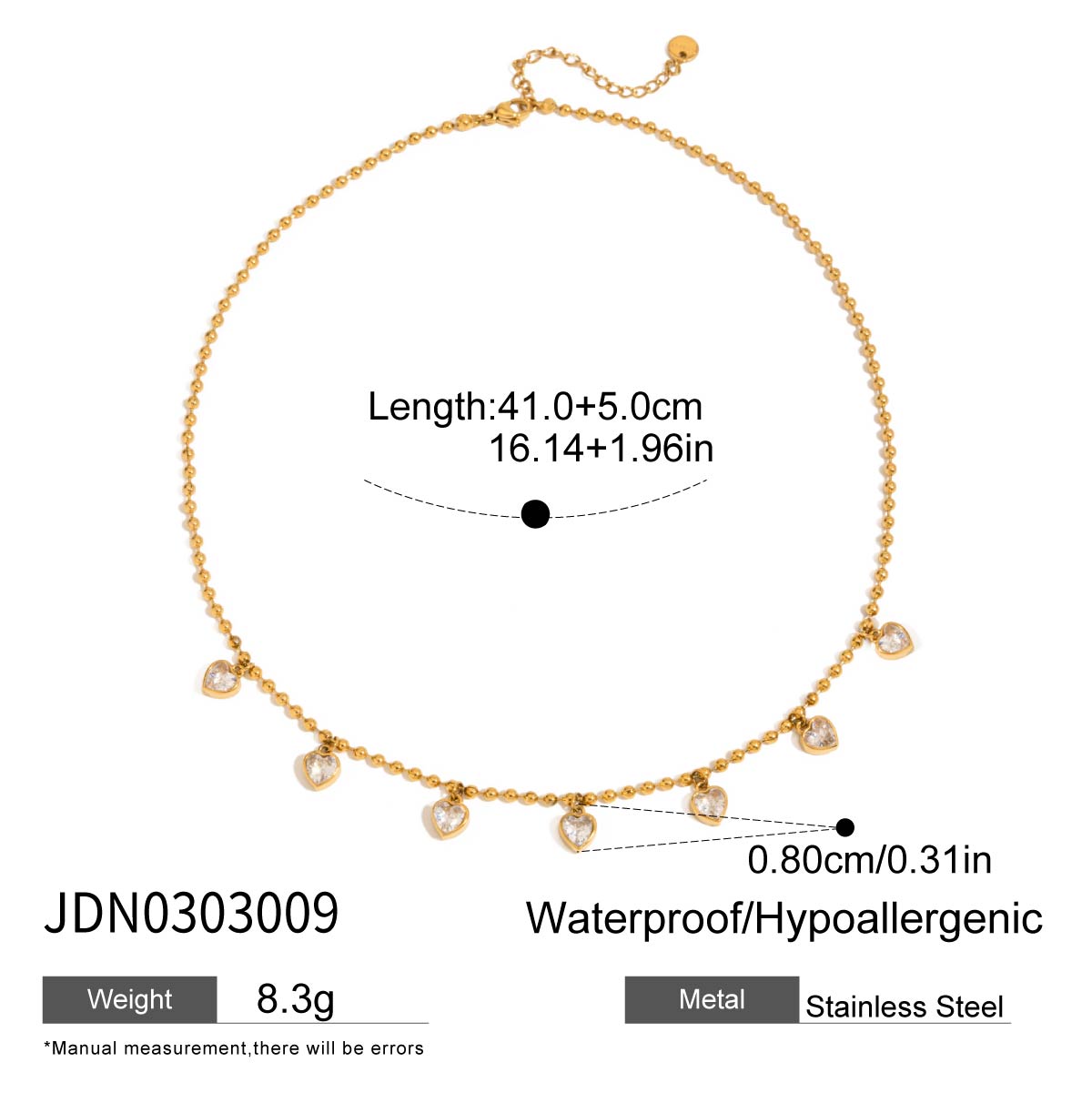 Youthway Zirconia Heart Pendant Necklace Stainless Steel Summer Fashion Jewelry Plated Round Beads Chain Necklace
