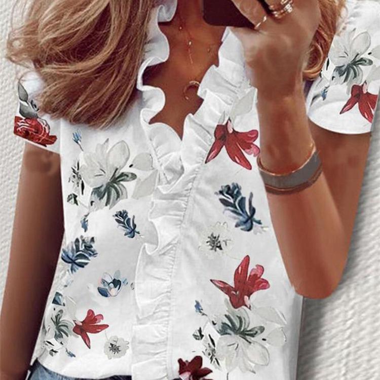 Blouses & Shirts - Summer Flower Print Casual Short Sleeve Blouse Women Fashion Shirt