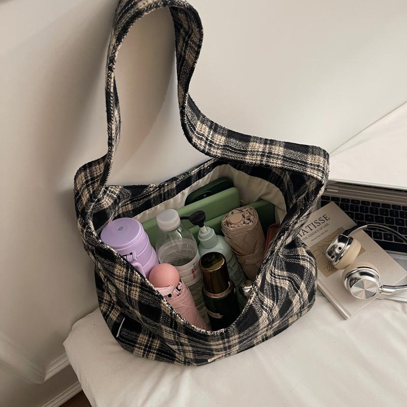 Vintage Plaid Handbag Lightweight Large Capacity Commuter Shoulder Bag