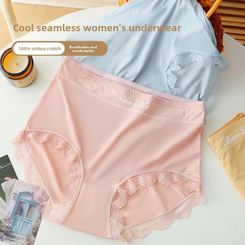 Ladies Summer Light and Thin Pure Lace No Trace Ice Silk Pure Cotton Crotch Breathable High Waist Close Belly Flat Angle Briefs