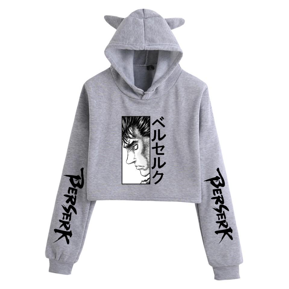 Women's Cat Ear Hoodie with Berserk Print - Cropped Style