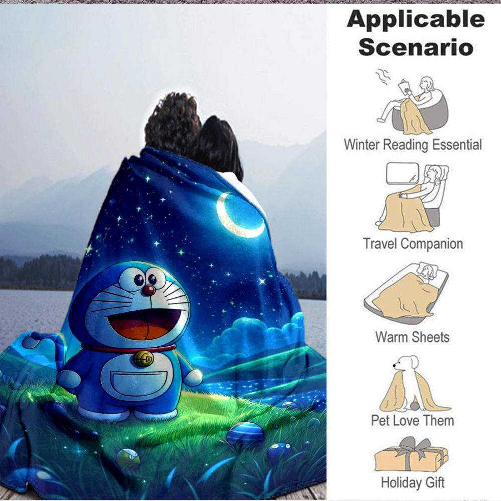 1PC Doraemon, Night Scene Blanket Lightweight Flannel Throw Blanket for Sofa, Bed, Travel, Camping, Livingroom, Office, Couch