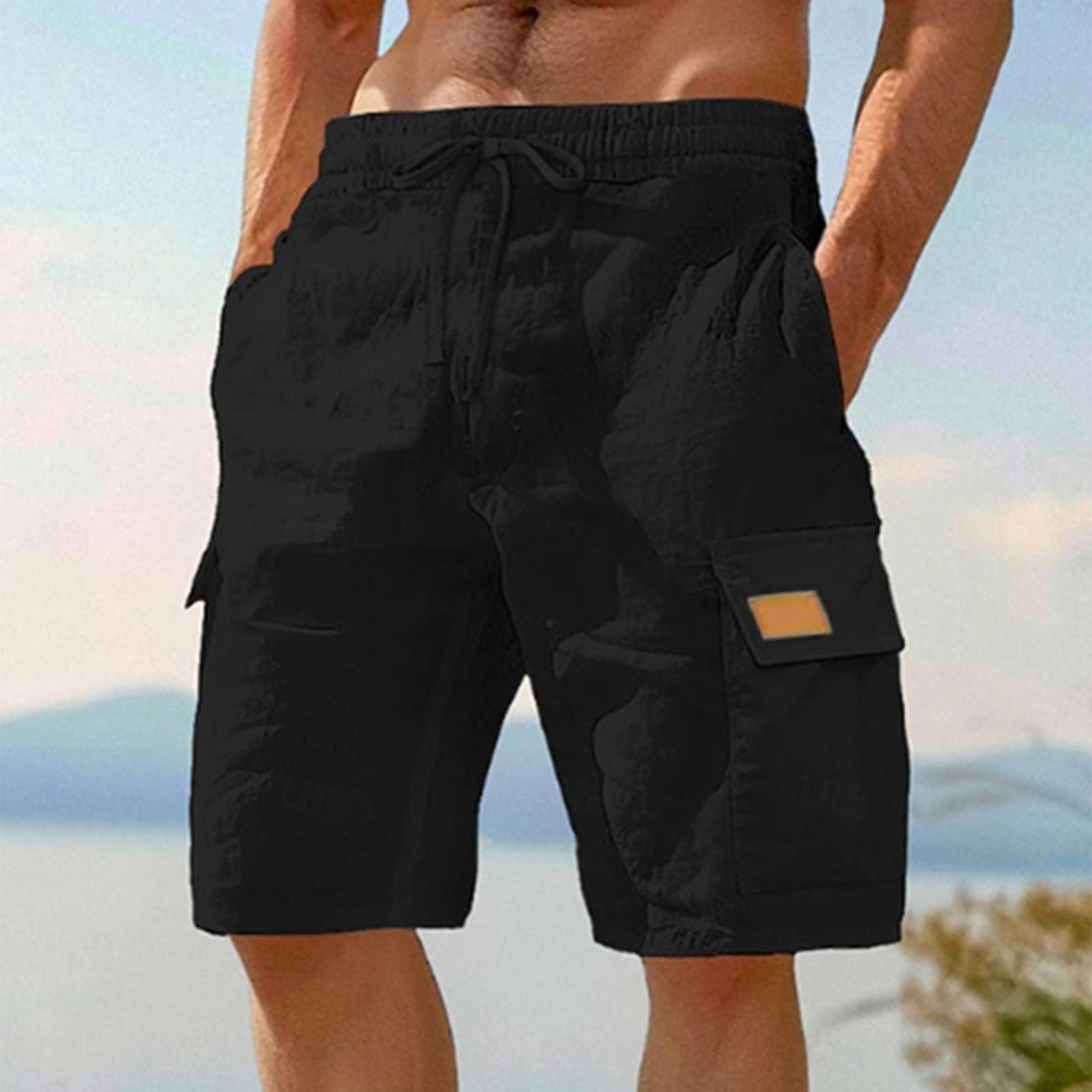 

Men s Work Pants Shorts Linen Shorts Beach Shorts Elastic Waist Drawstring Multiple Pockets S чёрный