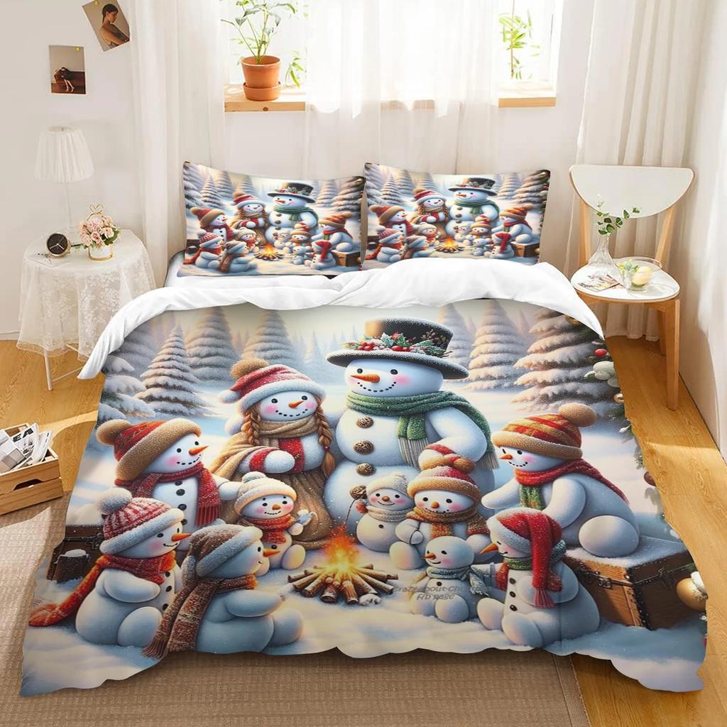 Crăciun Om de Zăpadă Desene Animate Imprimate Poliester Husă de Plapaplumă Set de Perne Husă de Plapaplumă King Size Set de Lenjerie de Pat Sărbători Cadouri Copii