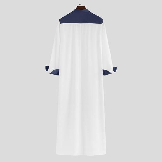 Men Mandarin Collar Long Sleeve Robe Contrast Color Buttons Half Placket Pockets Loose Fit Traditional Robe