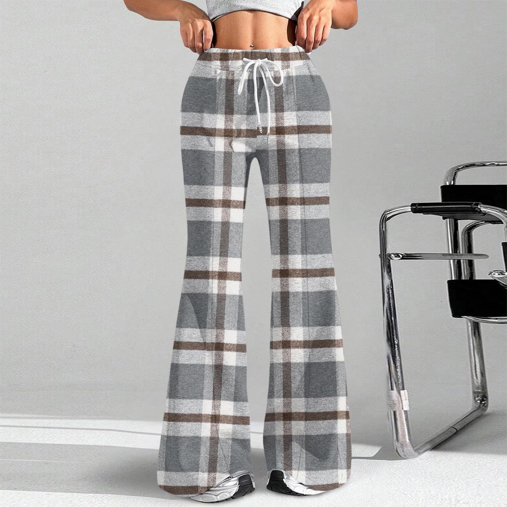 Women's Fashion Loose Drawstring Waist Plaid Printed Casual Sports Pants Casual Flared Pants